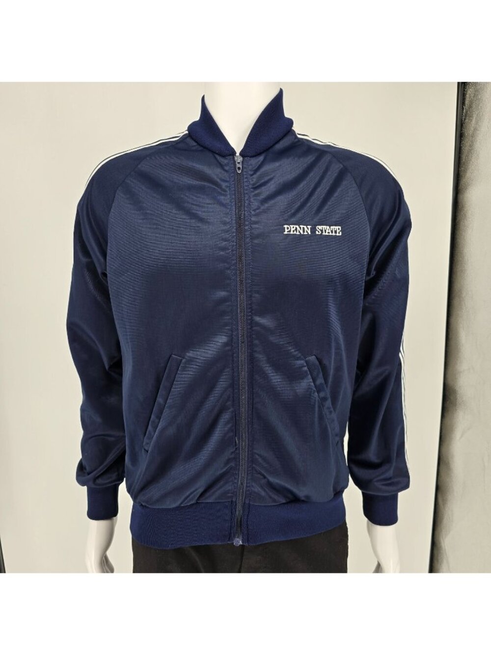 Vintage 1980s Broderick Penn State Talon Zipper Navy Track Jacket (Medium)